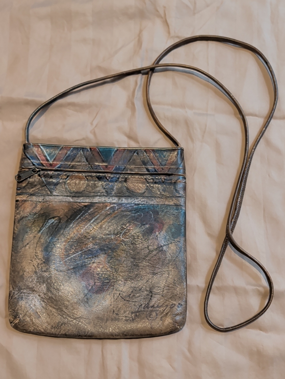 Vintage Hand Painted Jane Yoo Multitone Geo Accent Crossbody Leather Bag Signed